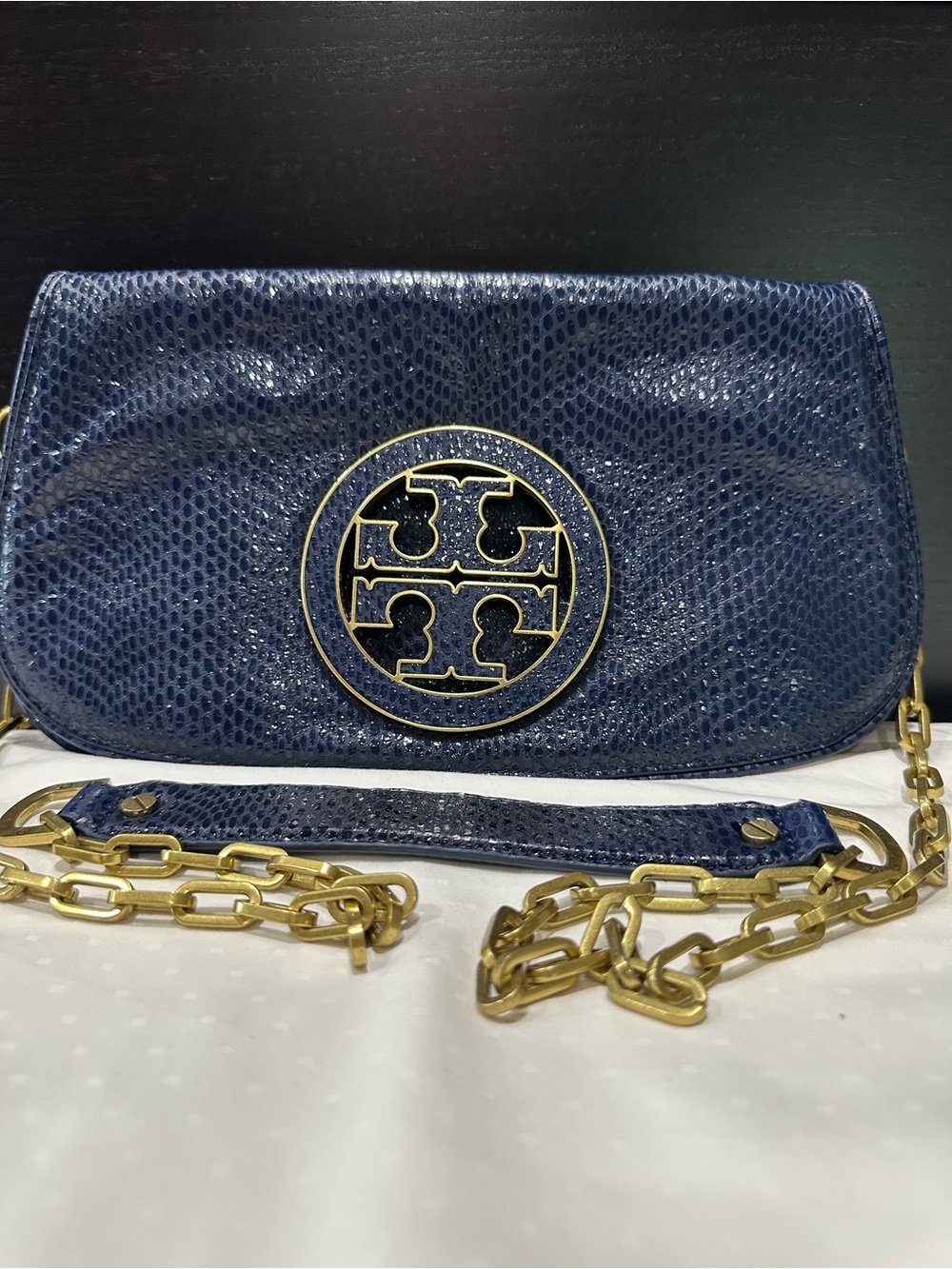 Tory Burch Navy Lizard-Embossed Logo Chain Crossbody